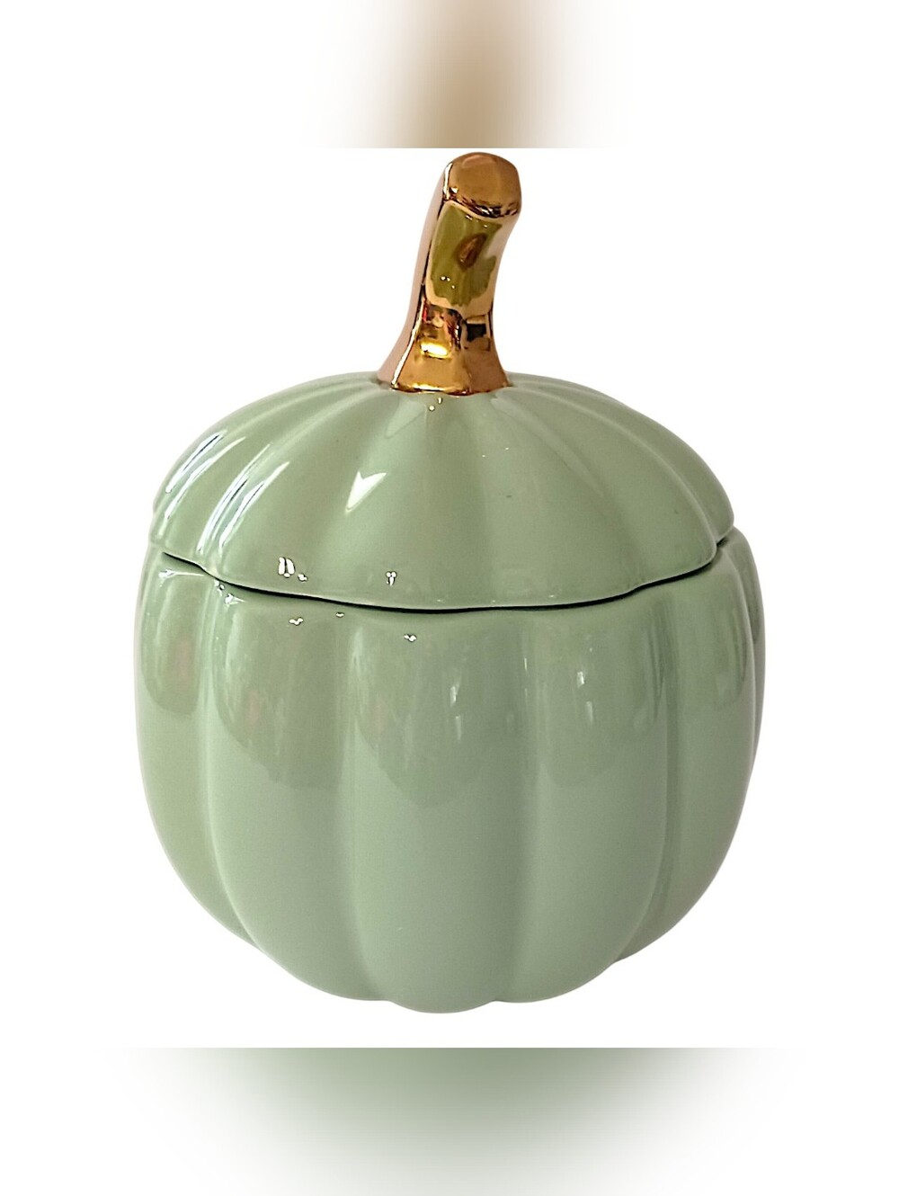 Martha Stewart Pumpkin Canister Sage Green Gold Ceramic Fall Harvest Candy Dish - Picture 7 of 16